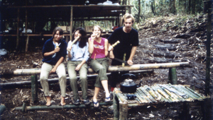 The bat girls (Benny, Lorna & Marguerite) and Nick Horne munching on delicious sugar cane.